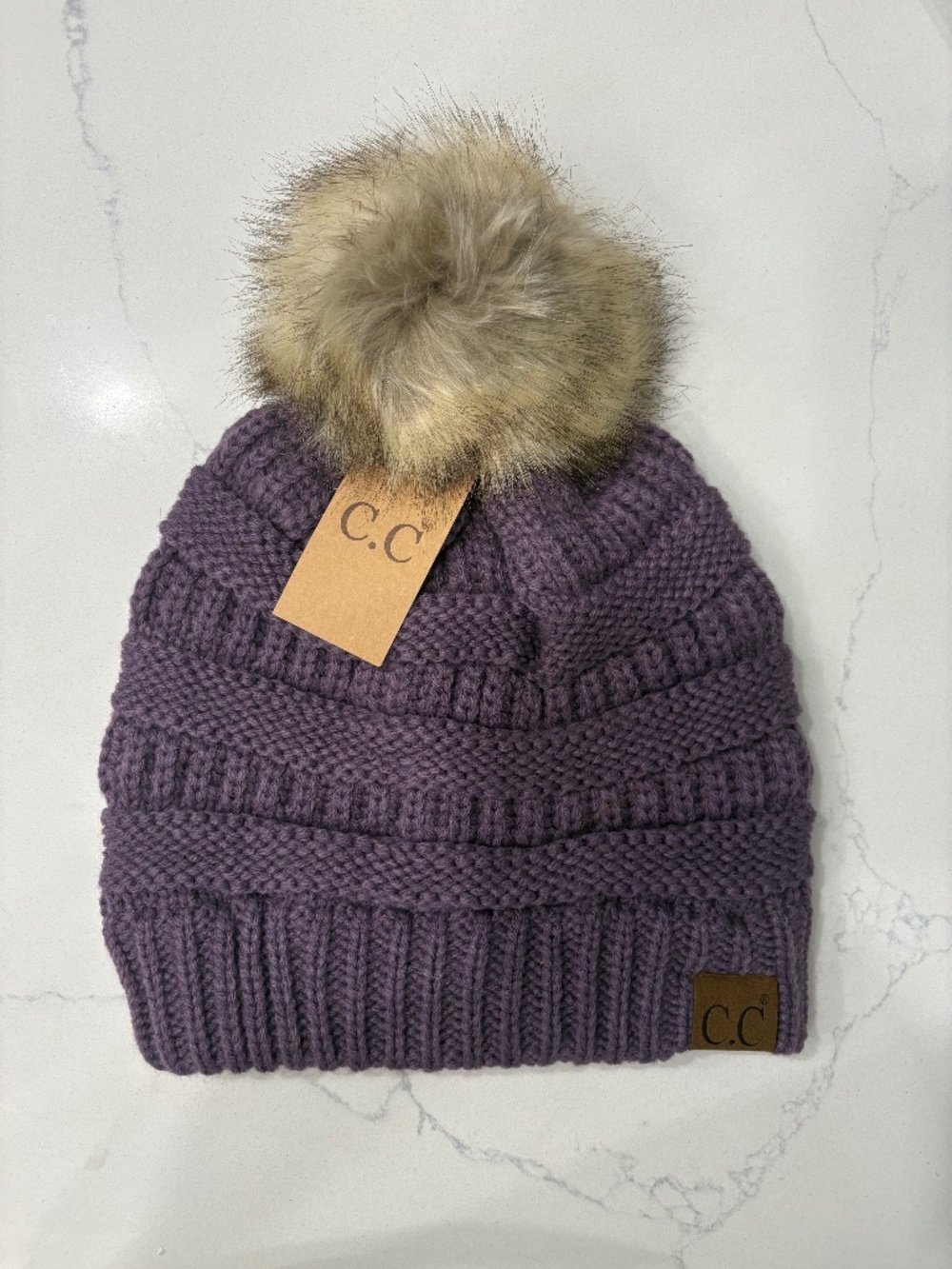 C.C Violet Ribbed Hat With Faux Fur Pom